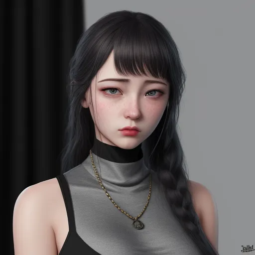 a woman with long black hair wearing a black dress and a necklace with a medallion on it's neck, by Chen Daofu