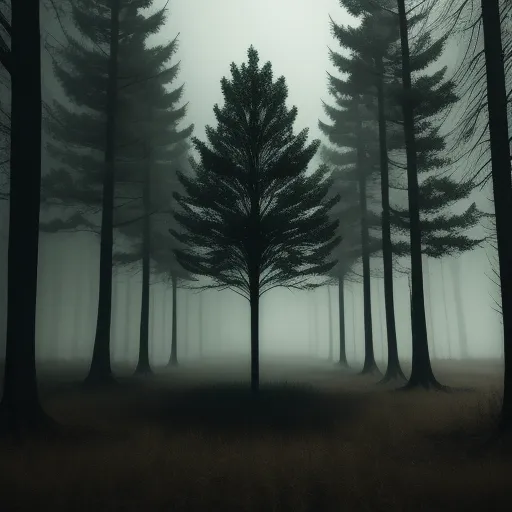make a picture 4k online - a foggy forest with tall trees and grass on the ground and a few birds flying in the air, by Filip Hodas
