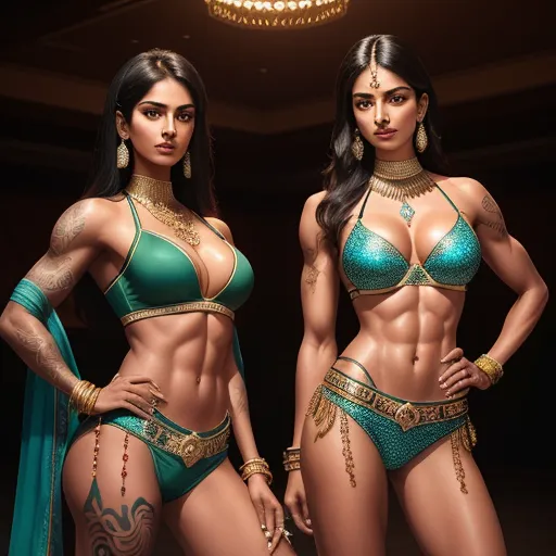 best ai photo enhancement software - two women in bikinis and jewelry posing for a picture together in a dark room with a chandelier, by Raja Ravi Varma