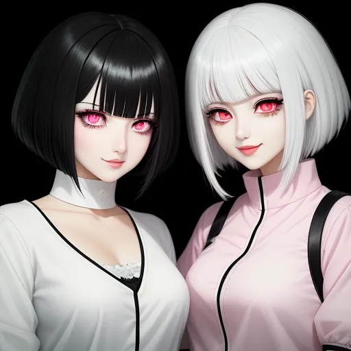 two anime girls with white hair and pink eyes are posing for a picture together, both with black hair and pink eyes, by Taiyō Matsumoto