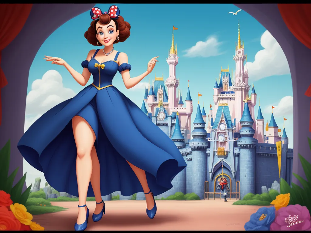 best text-to image ai - a cartoon of a woman in a blue dress in front of a castle with a castle entrance and a person in a red dress, by Hanna-Barbera