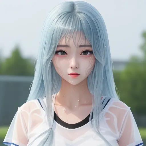 ai-generated images from text - a woman with blue hair and a white shirt is posing for a picture with trees in the background and a blue sky, by Chen Daofu