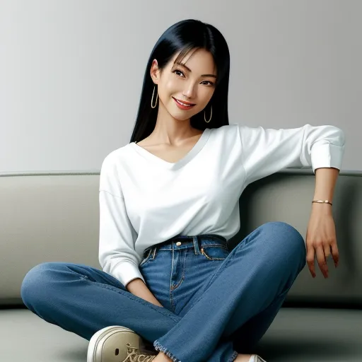 a woman sitting on a couch with her legs crossed and smiling at the camera, wearing a white shirt and jeans, by Hsiao-Ron Cheng