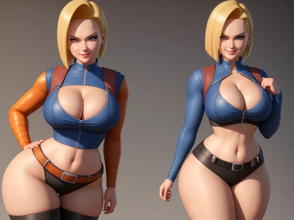 a woman in a blue top and black pants with a large breast and a large breast, and a large breast, by Akira Toriyama