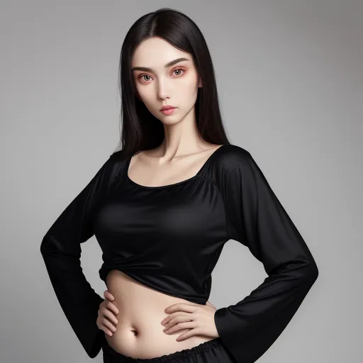 free ai photo enhancer software - a woman with a black shirt and black pants posing for a picture with her hands on her hips and her stomach, by Chen Daofu