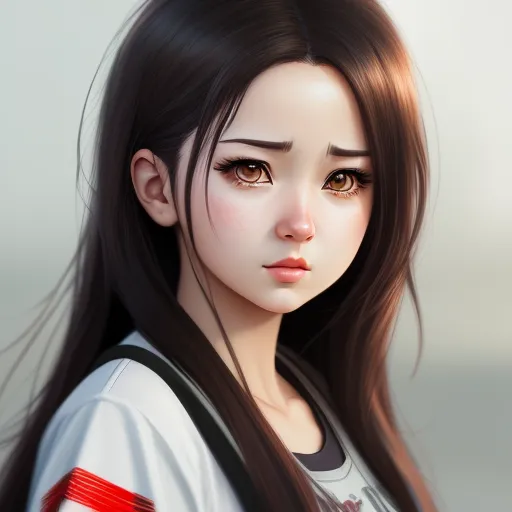 ai that can generate images - a girl with long hair and a white shirt with red stripes on it's chest and a black shoulder, by Daniela Uhlig