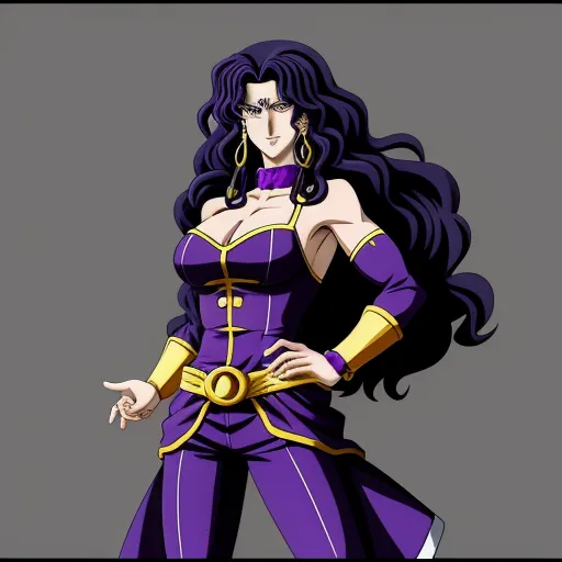 text to illustration ai - a woman in a purple outfit with long hair and a yellow belt is standing with her hands on her hips, by Toei Animations