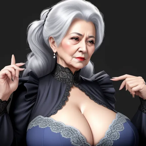 a woman with a big breast wearing a black dress and a black jacket with a lace collar and a black bow, by Hirohiko Araki