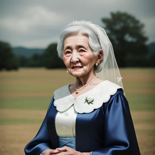 an older woman in a blue dress and a veil on her head is smiling at the camera while standing in a field, by Matthias Jung