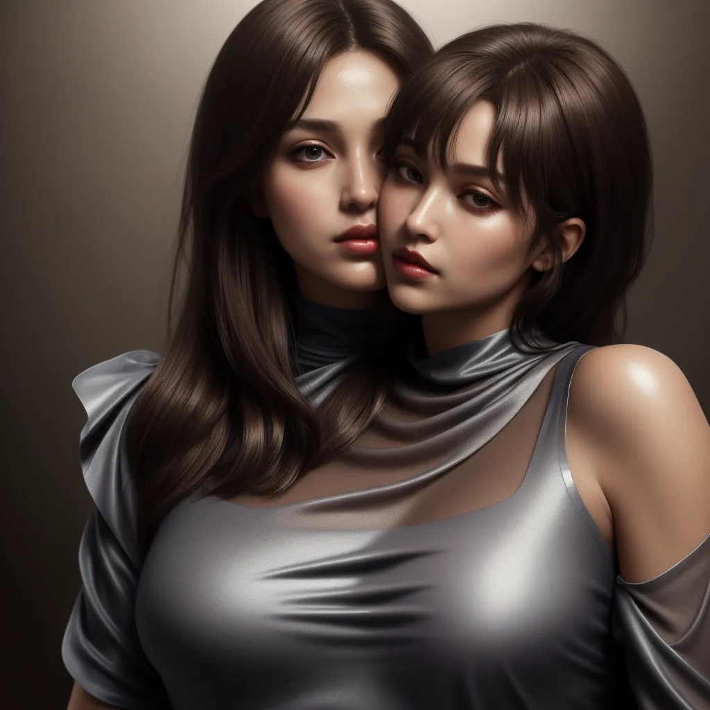 two women are posing for a picture together, one is wearing a silver top and the other is wearing a silver top, by Daniela Uhlig