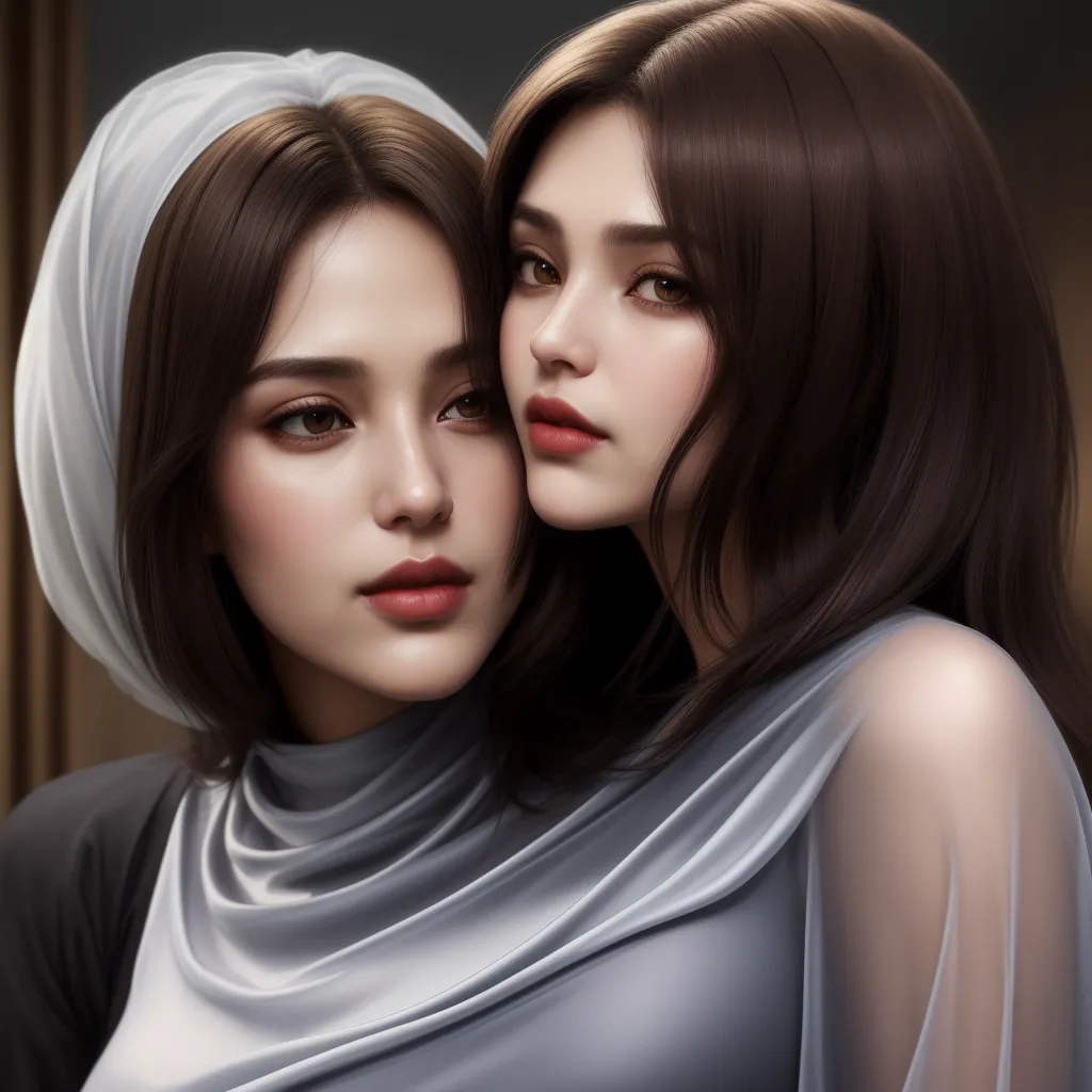 text-to-image ai - two women are posing for a picture together, one is wearing a white scarf and the other is wearing a gray top, by Daniela Uhlig