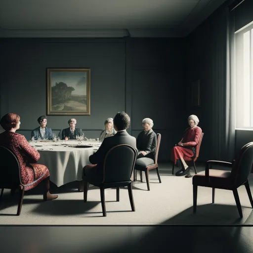 a group of people sitting around a table in a room with a painting on the wall behind them and a woman standing in the middle of the room, by Gottfried Helnwein