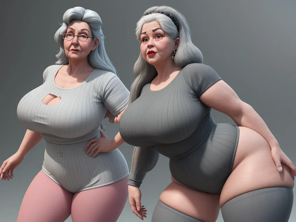 text to ai generated image - two women in bodysuits are posing for a picture together, one is fat and the other is fat, by Hanna-Barbera