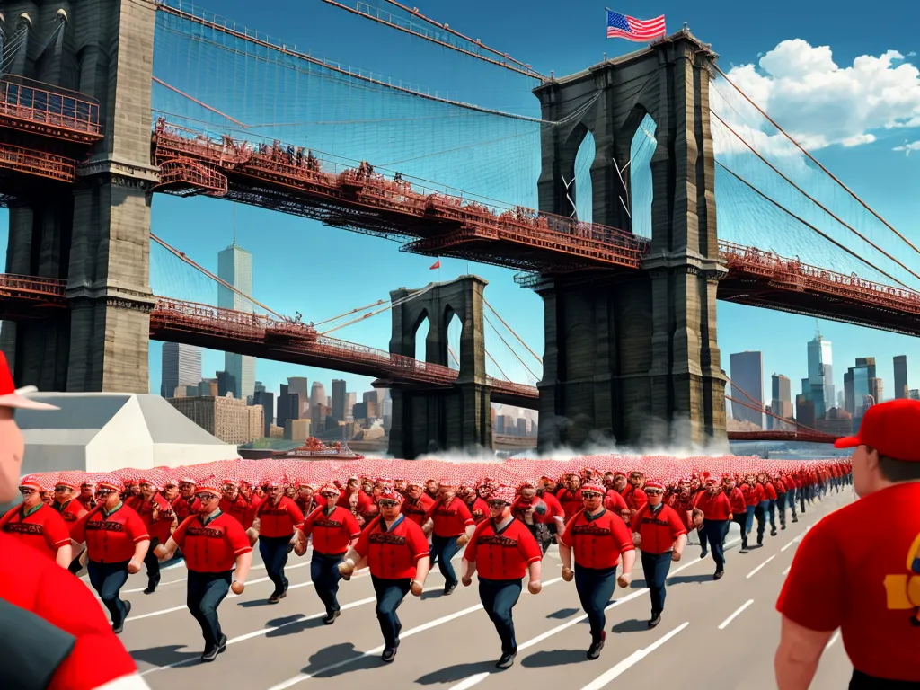 convert photo to high resolution - a group of people in red uniforms marching down a street in front of a bridge and a bridge with a flag, by Pixar Concept Artists