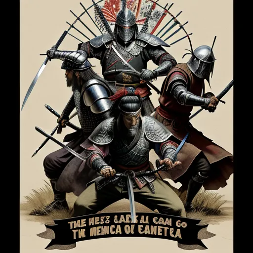 ai image enlarger - a poster of knights fighting with swords and a banner that says the best part of all can do the merica of santetoa, by Baiōken Eishun