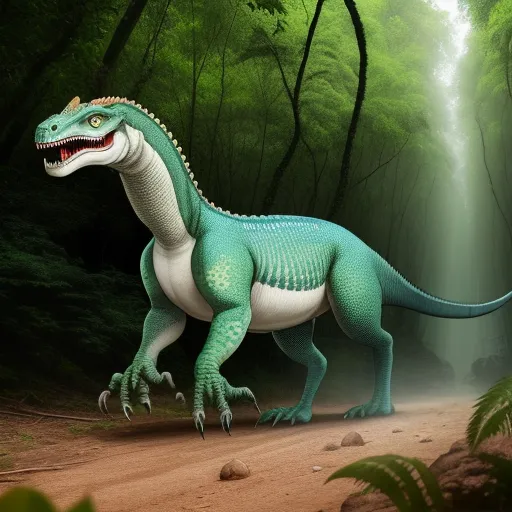 a dinosaur with a large mouth and a long neck walking through a forest with a light beam in the background, by Mary Anning