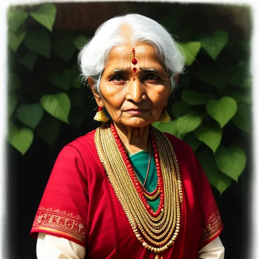 low res image to high res - an old woman wearing a necklace and a red dress with a green top on her head and a bush behind her, by Raja Ravi Varma