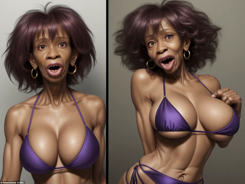 turn image to hd - a woman in a bikini posing for a picture with her breasts exposed and her mouth open and her hand on her hip, by Jeff Simpson