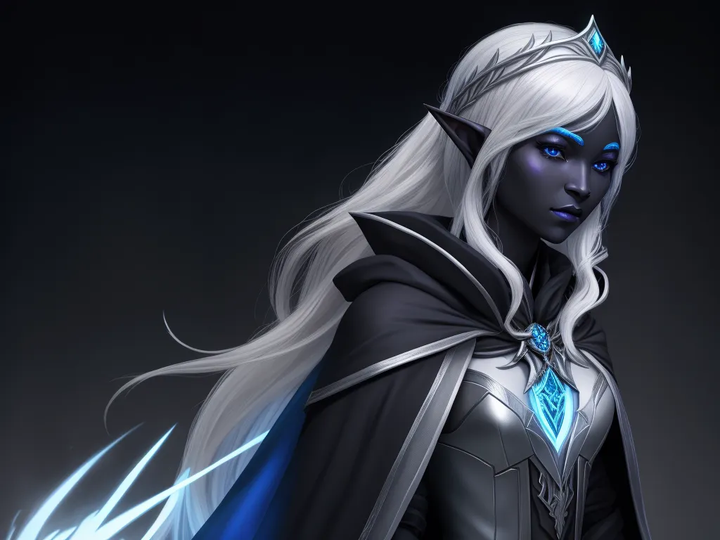 ai generated images from text online - a woman with white hair and blue eyes wearing a black outfit and a blue cape with horns and a blue light, by Lois van Baarle