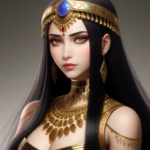a woman with long black hair wearing a gold costume and a blue stone necklace and earrings, with a blue stone on her face, by Chen Daofu