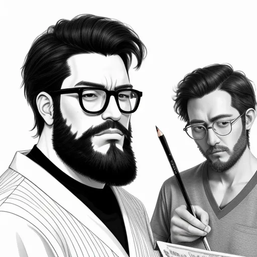 what is high resolution photo - a man with a beard and glasses is holding a pencil and a paper with a drawing of a man with a beard, by Shohei Otomo