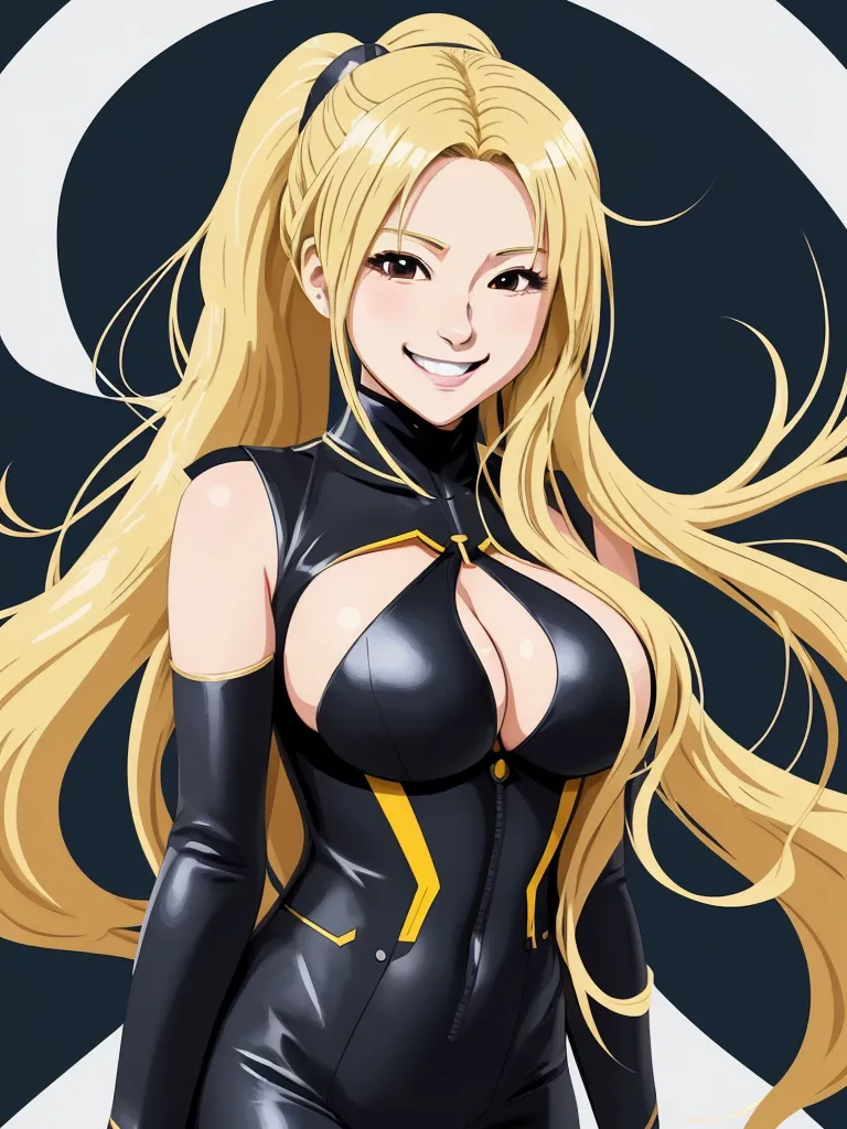 a cartoon character with long blonde hair and a black outfit with yellow accents, posing for a picture with a crescent background, by Hiromu Arakawa