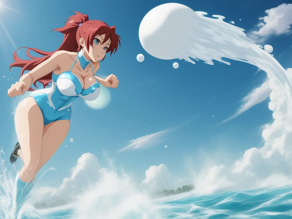 upscale images - a woman in a blue swimsuit is flying through the air over the ocean with a white cloud in the background, by Toei Animations