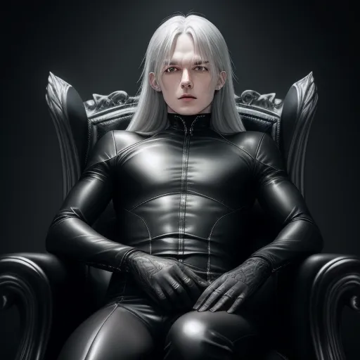 ai text to picture generator - a woman in a black leather outfit sitting in a chair with her hands on her knees and her legs crossed, by Terada Katsuya