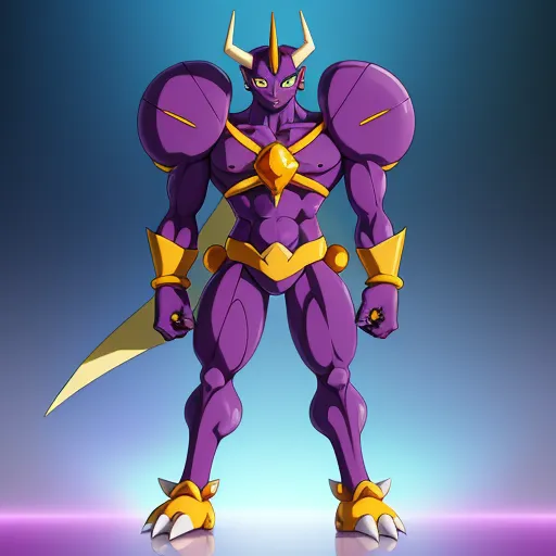 ai image generator from text online - a cartoon character with a sword and a purple outfit with horns and horns on his head and a yellow belt, by Toei Animations