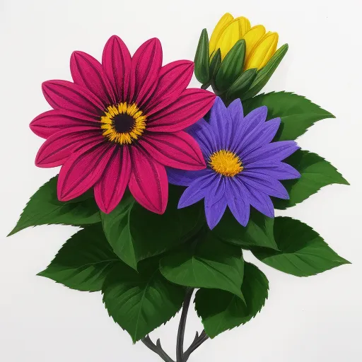 a bouquet of colorful flowers with green leaves on a white background with a yellow center and purple center, with a yellow center, by Judy Chicago