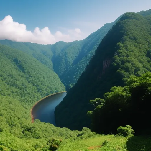 a river in a valley surrounded by mountains and trees in the distance with a blue sky and clouds above, by Yoshiyuki Tomino