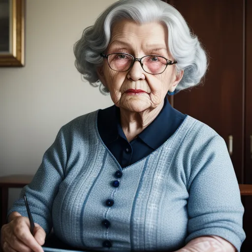 an old woman sitting at a table with a pen and paper in her hand and a picture on the wall behind her, by Alex Prager