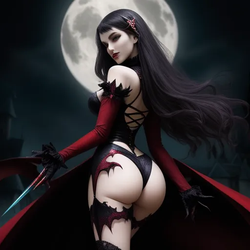 a woman in a red and black costume with a sword in her hand and a full moon in the background, by Sailor Moon