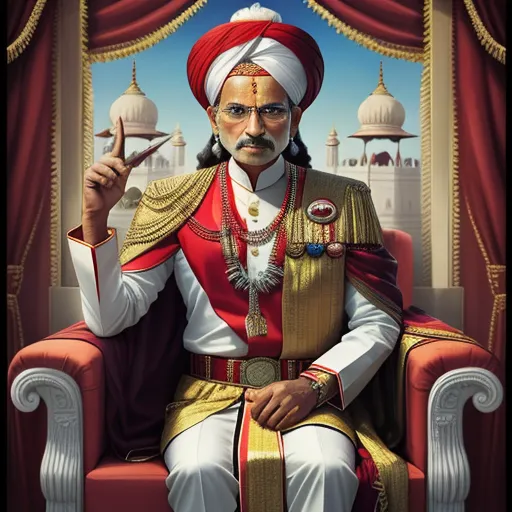 a man in a turban sitting on a chair with a cigarette in his hand and a red and gold outfit, by Raja Ravi Varma