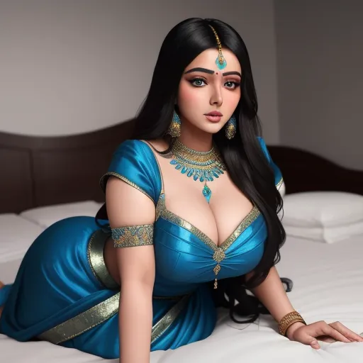 best photo ai enhancer - a woman in a blue dress laying on a bed with a necklace on her neck and a necklace on her shoulder, by Sailor Moon