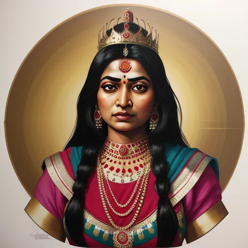 a painting of a woman wearing a crown and a necklace with pearls on her head and a necklace with a diamond on her neck, by Raja Ravi Varma