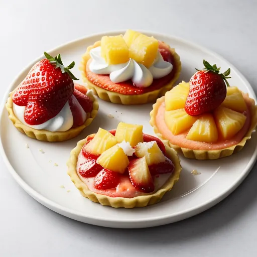 image quality lower - a plate of fruit tarts with whipped cream and strawberries on top of them on a white table, by David Young Cameron