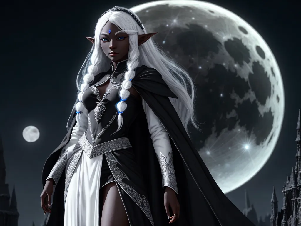 ai generated images free - a woman dressed in a white and black outfit standing in front of a full moon with a black cape, by Daniela Uhlig