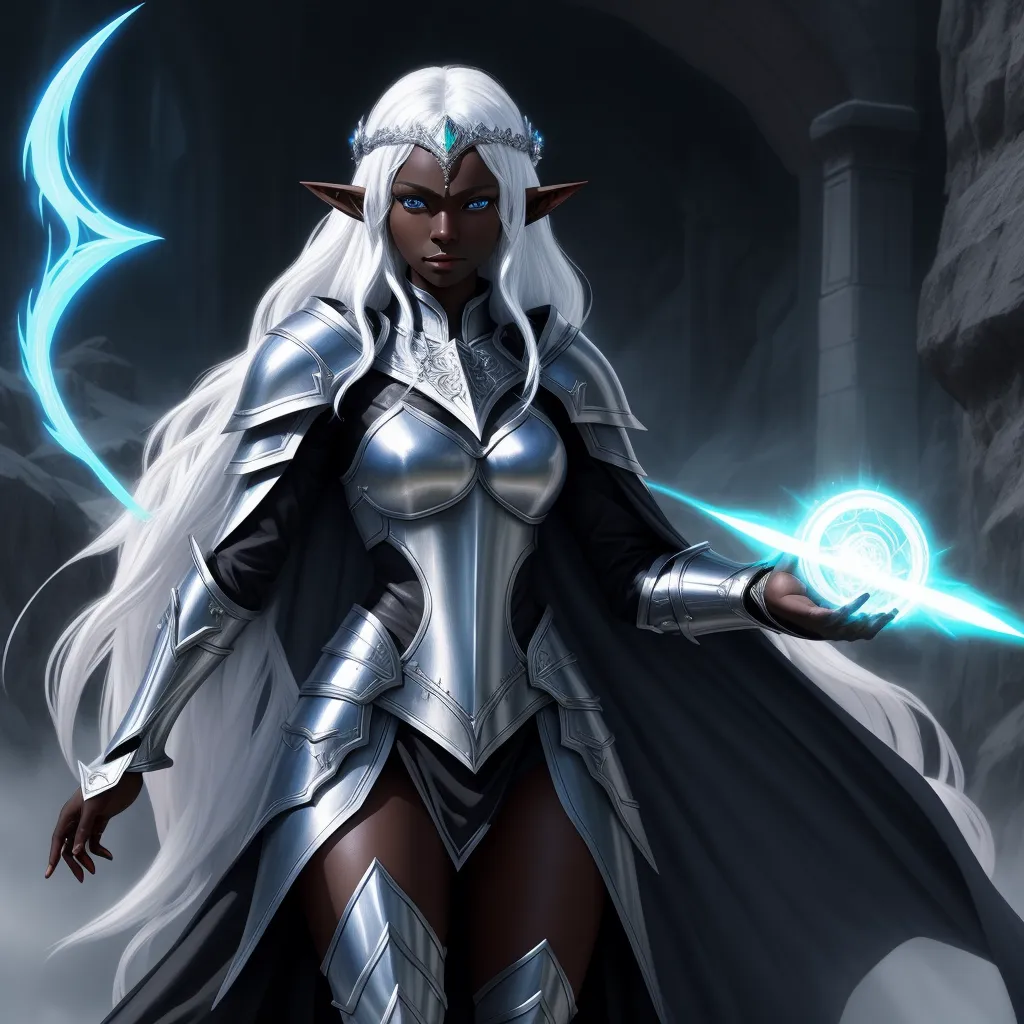 best ai photo: one drow elf woman paladin, fantasy armor, white