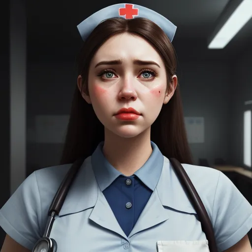 4k image - a woman in a nurse uniform with a stethoscope on her head and a red cross on her forehead, by Lois van Baarle