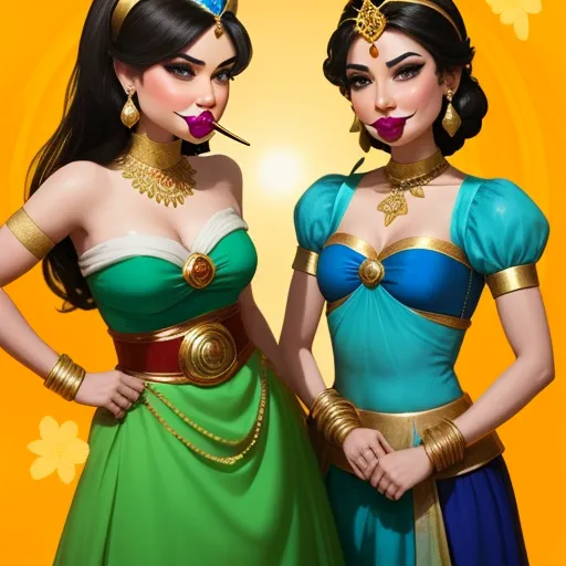 two women dressed in costumes standing next to each other with their mouths open and their mouths open, with a yellow background, by Hanna-Barbera