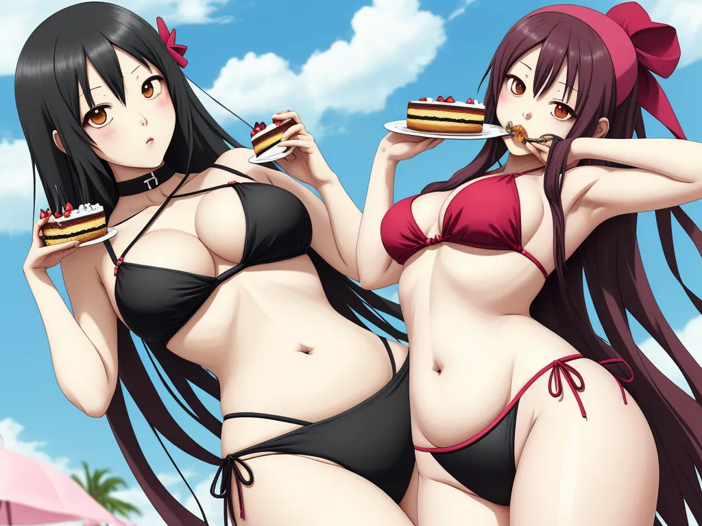 two women in bikinis eating cake on a beach side walk with umbrellas in the background and a blue sky, by NHK Animation