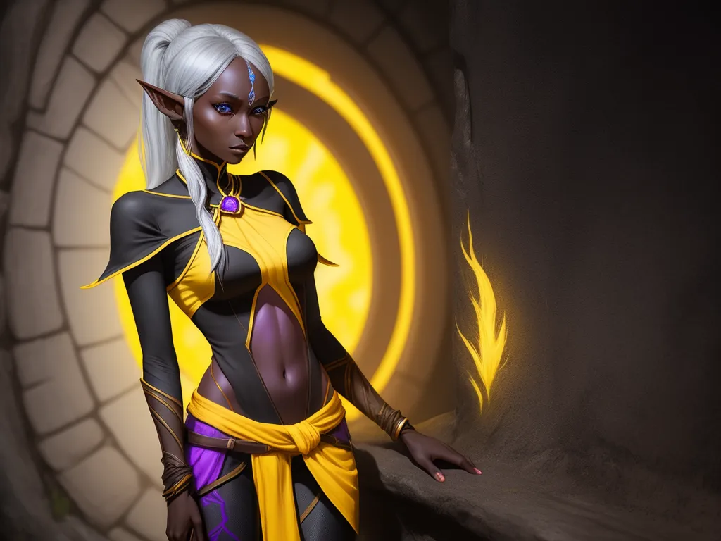 low quality picture - a woman in a yellow and black outfit standing in a tunnel with a yellow light behind her and a yellow circle behind her, by Lois van Baarle