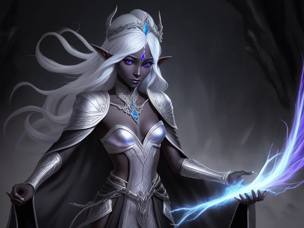 best ai photo software: 1 solo female drow elf scholar, black skin,