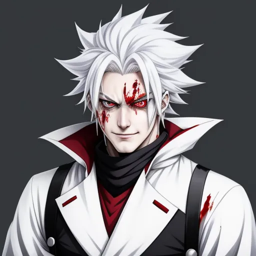 a man with white hair and blood on his face and chest, wearing a white coat and black pants, by Baiōken Eishun