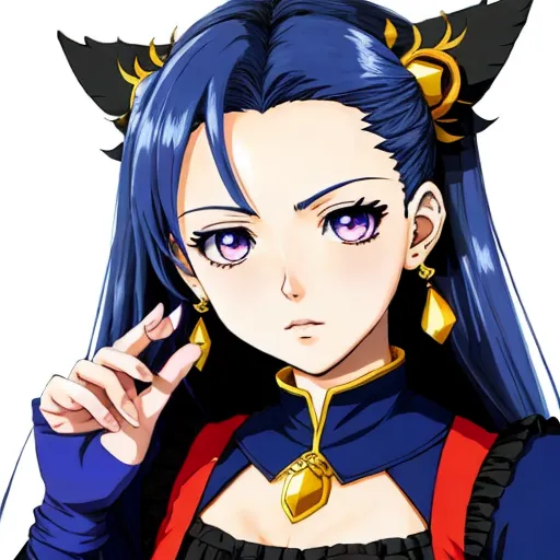 a woman with blue hair and a blue dress with gold accents on her head and a red top with gold accents on her shoulders, by Toei Animations