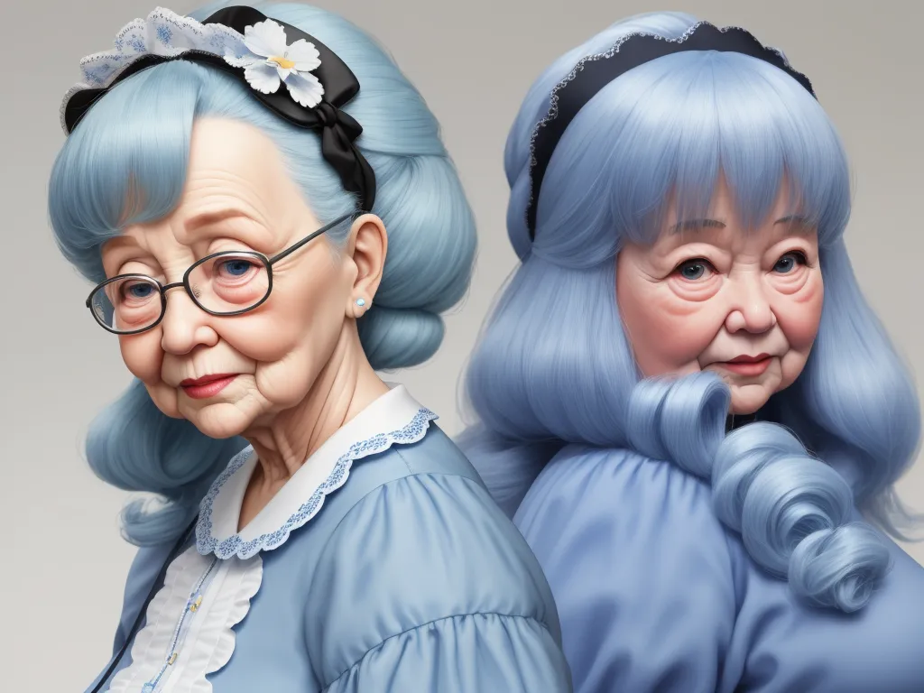 two older women with blue hair and glasses are shown in this digital painting of them, one of them is older and the other is older, by Lois van Baarle