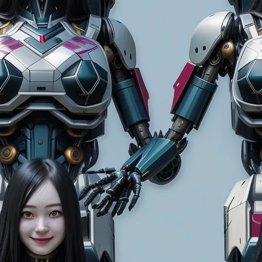 a woman with long black hair and a robot suit on her face and arm, and a robot with a red and white stripe on its chest, by Terada Katsuya