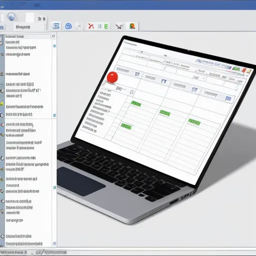 a laptop computer with a workbook on the screen and a red button on the keyboard, with a list of tasks displayed on the screen, by Hendrik van Steenwijk I