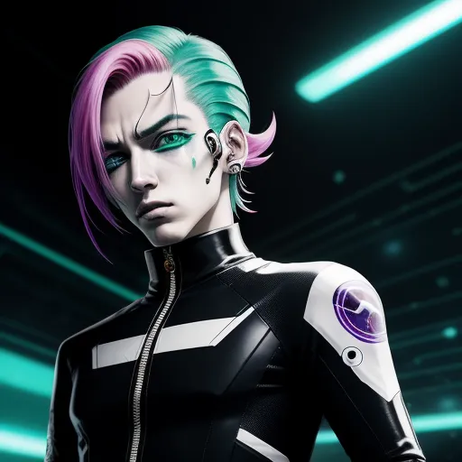 a woman with pink hair and green eyes in a futuristic suit with a futuristic background and a futuristic light, by Terada Katsuya